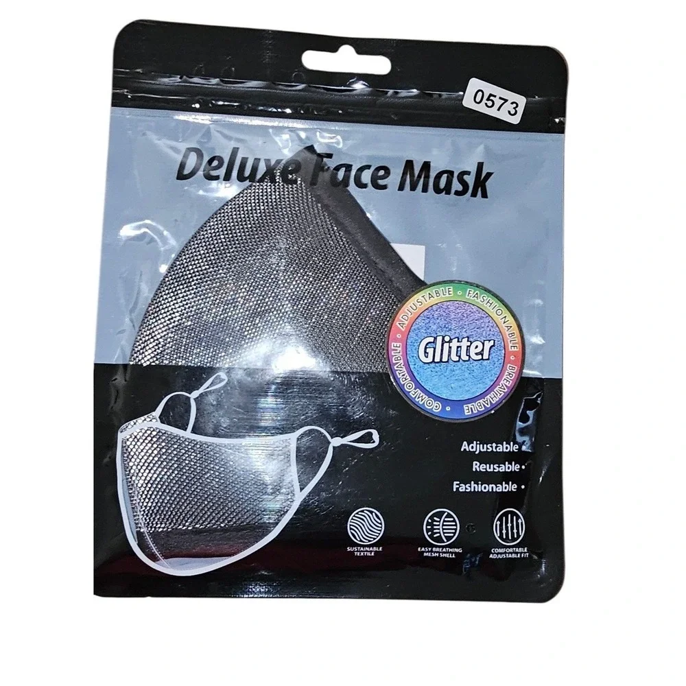 Deluxe Glitter Face Mask Silver Mesh Breathable Adjustable Reusable Mask #573